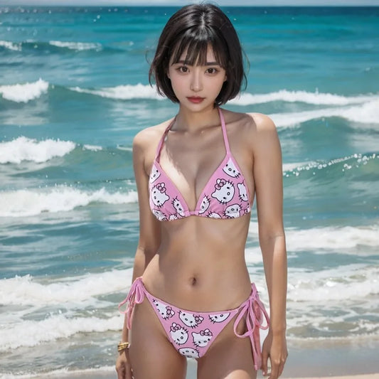 Sanrio Hello Kitty Kawaii Bikinis Set Cute Cartoon Anime Summer Beach Soft Side Strappy Panties Kawaii Swimsuit Sexy Bikini Y2k