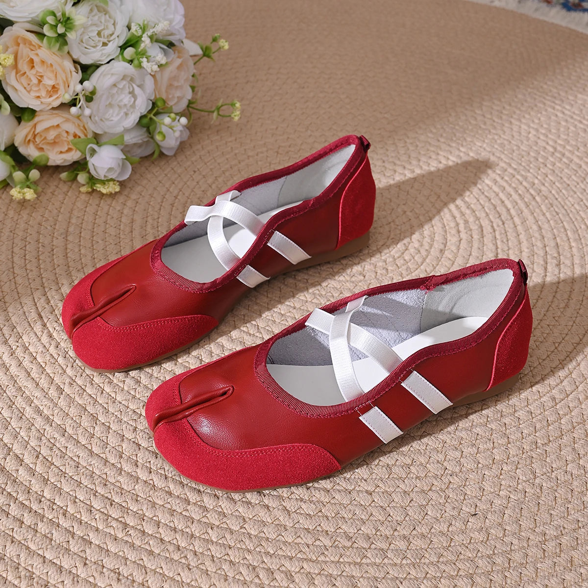 Split-Toe Casual Ballet Flats Shoes Women Genuine Pu Leather Cross Band Mary Janes Shoes Streetwear Elegant Loafers New Summer