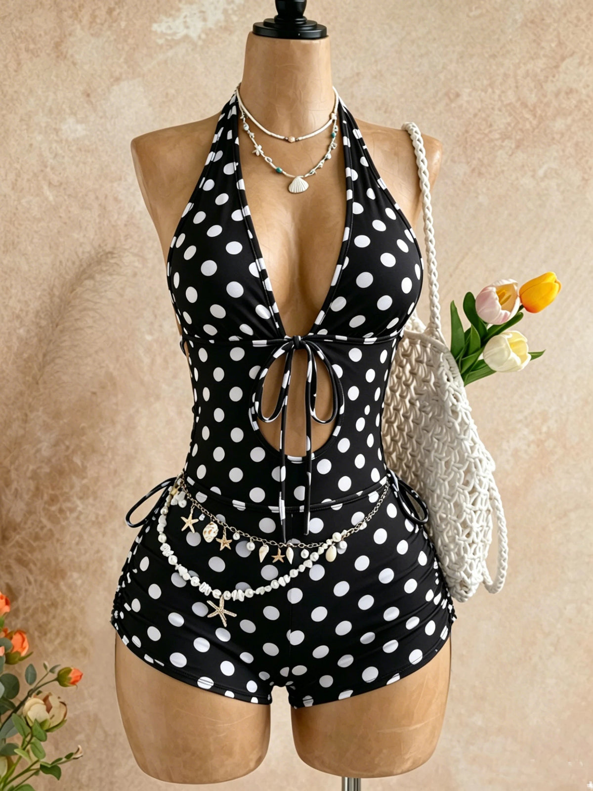 Classic Black and White Polka Dot Jumpsuit with Halter Neck, Tie Straps, Deep V-Cut Chest, Hollow-Out Design + Drawstrings on Both Sides, High-Waisted, Tummy Control, and Covers the Thigh Area