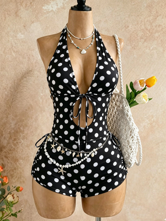 Black and White Polka Dot Halter-Neck Jumpsuit