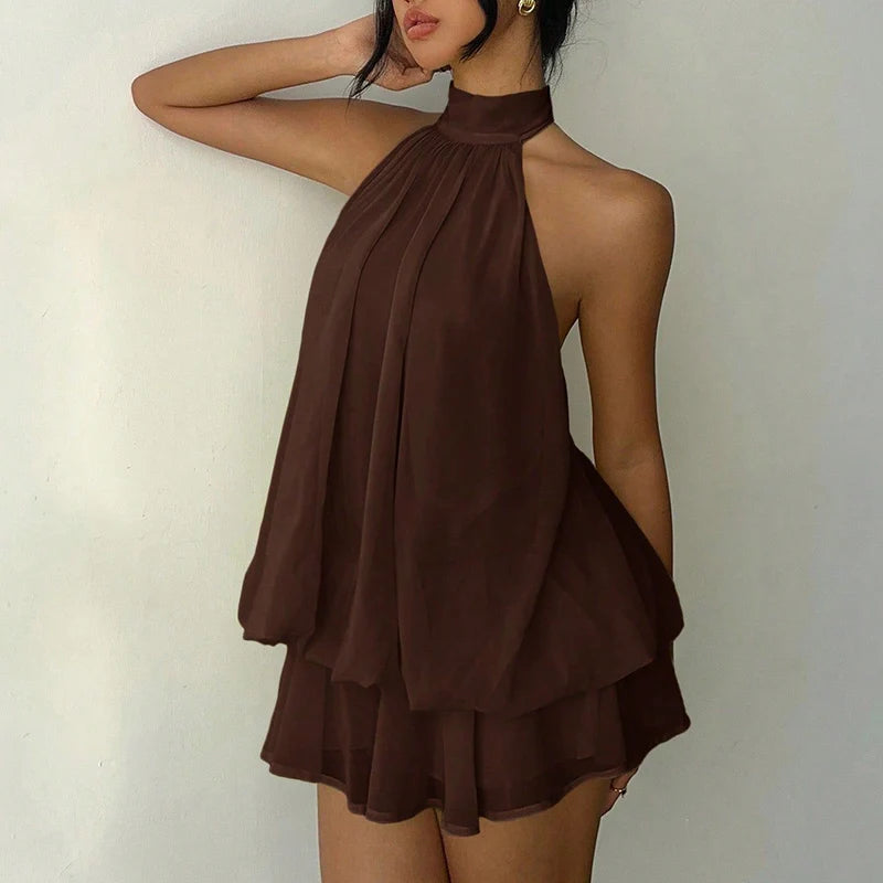 French Style Solid Color Women's Halter Neck Sleeveless Off Shoulder Backless A Line Mini Spicy Girl Beach Vacation Dresses