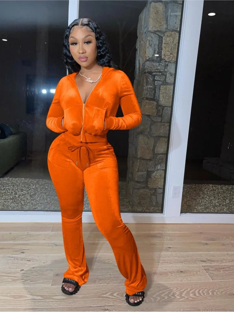 Fashion Sexy Slim 2 Piece Set For Women Casual Solid Hooded Zip Tops+High Waist Pants Sets Outfits Lady Sports Women's Clothing