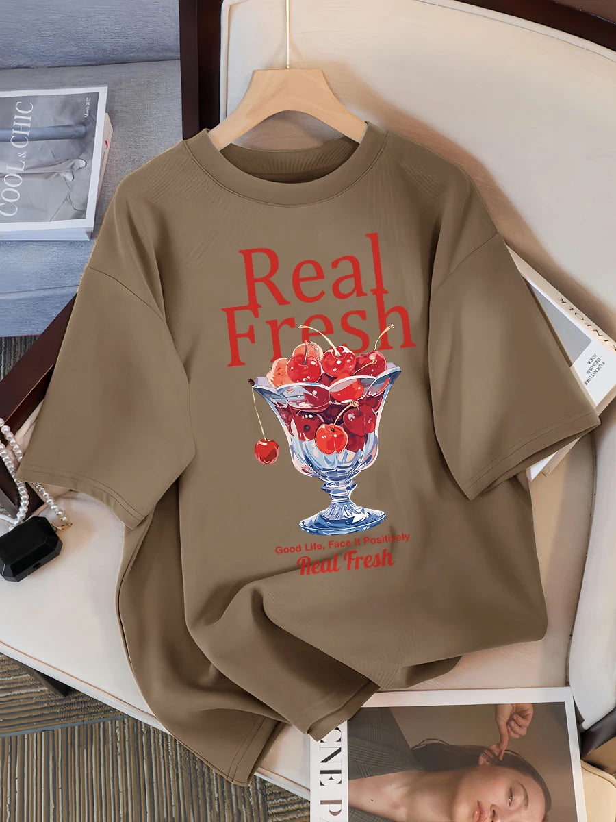 Real Fresh Cherry Fruit Cup Design Tee Shirts Female Comfortable Cotton T Shirt Fashion Casual Clothes Soft Street Short Sleeve