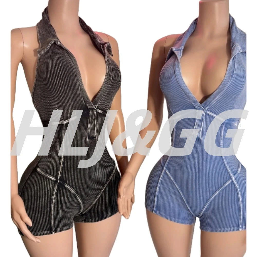 HLJ&GG Sexy Ribber Deep V Bodycon One Piece Rompers Women Sleeveless Backless Slim Jumpsuits Fashion Solid Color Overalls 2025