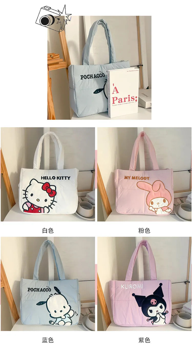 Sanrio Kawaii Hello Kitty Kuromi Tote Bags Cute My Melody Pochacco Cartoon Down Cotton Large Capacity Shoulder Bag Gifts Girls