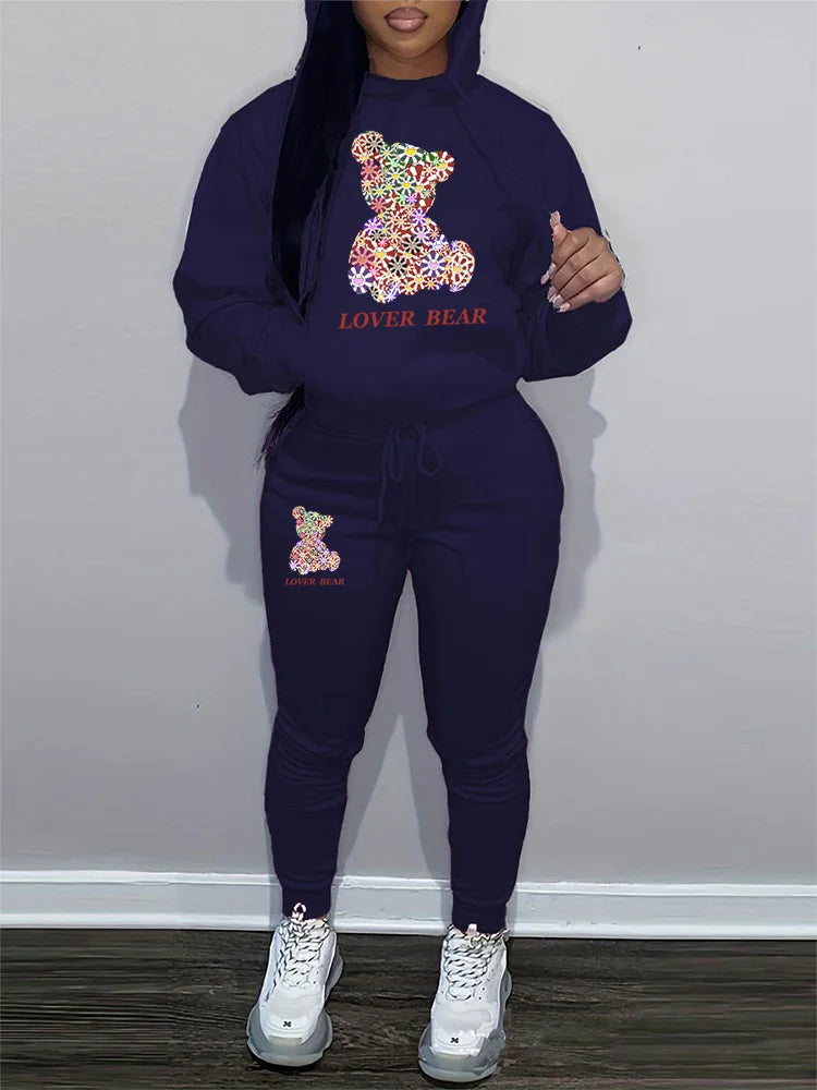Women's Hoodies Sets Pants Suit 2 Piece Outfits 2025 New Letter Print Bear Aesthetics Sweatshirt and Sweatpants Womens Tracksuit