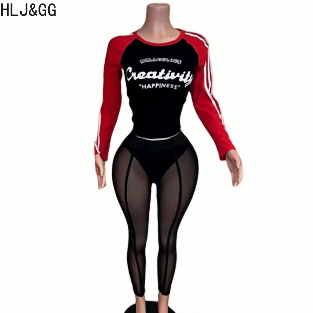 HLJ&GG Retro American Letter Printing Two Piece Sets Women Round Neck Long Sleeve Top And Mesh See Though Pants Outfits 2025 New