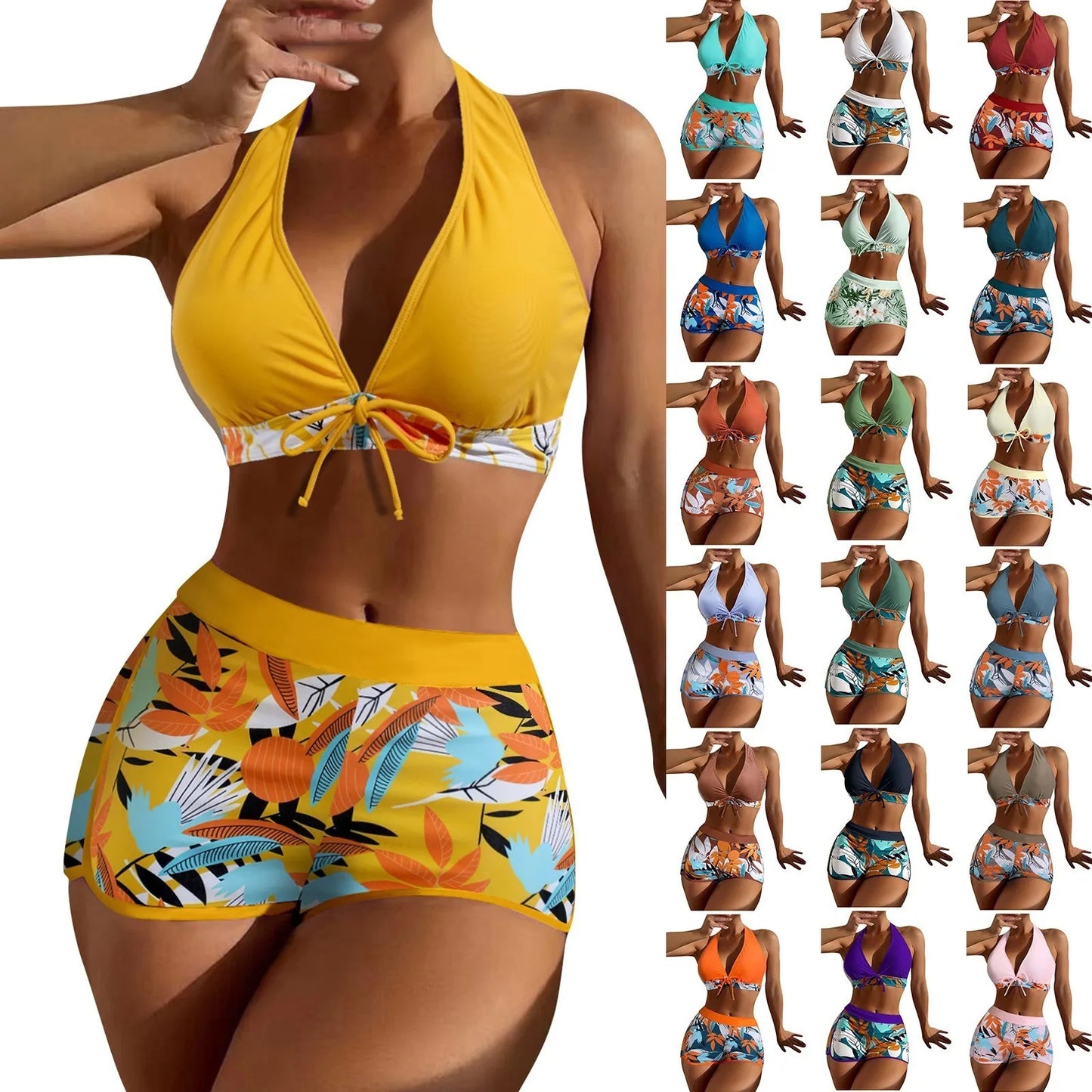 Shorts Bikinis Set  High Waist Swimsuit Women Swimwear  Plant Print Bathers Bathing Swim Suit Beachwear