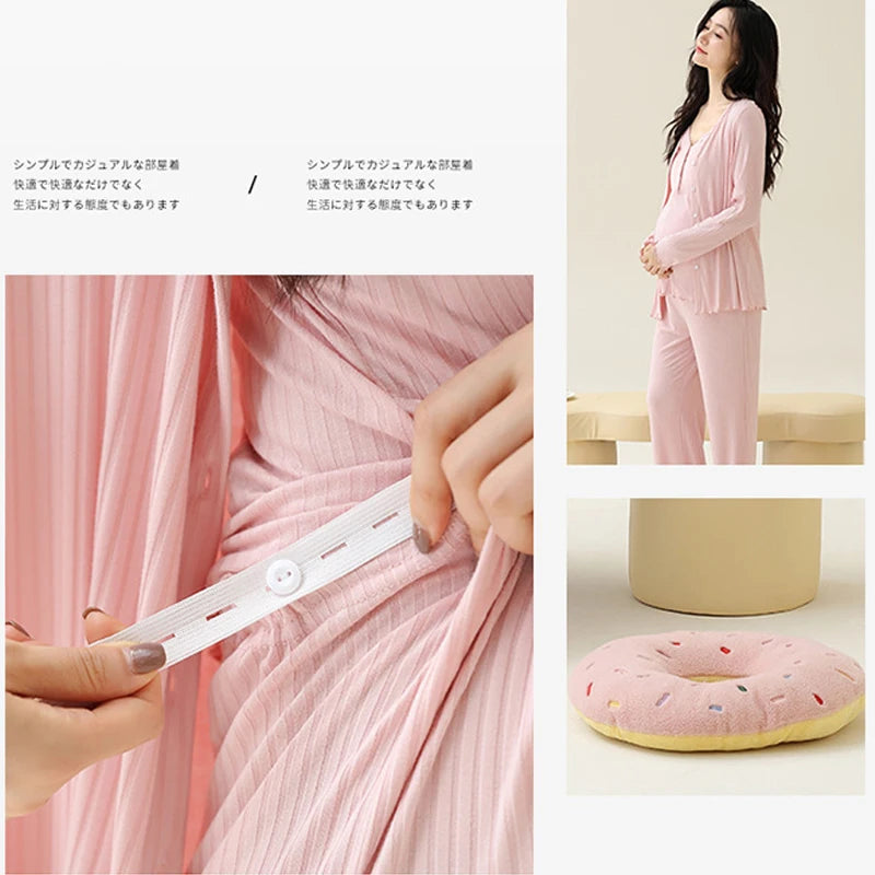 Pregnancy Comfort Pajamas Set Solid Color Long-sleeved Pants and Halter Vest Three-piece Maternity Nursing Homewear Sleepwear
