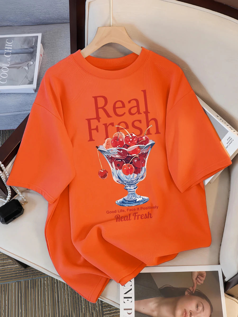 Real Fresh Cherry Fruit Cup Design Tee Shirts Female Comfortable Cotton T Shirt Fashion Casual Clothes Soft Street Short Sleeve