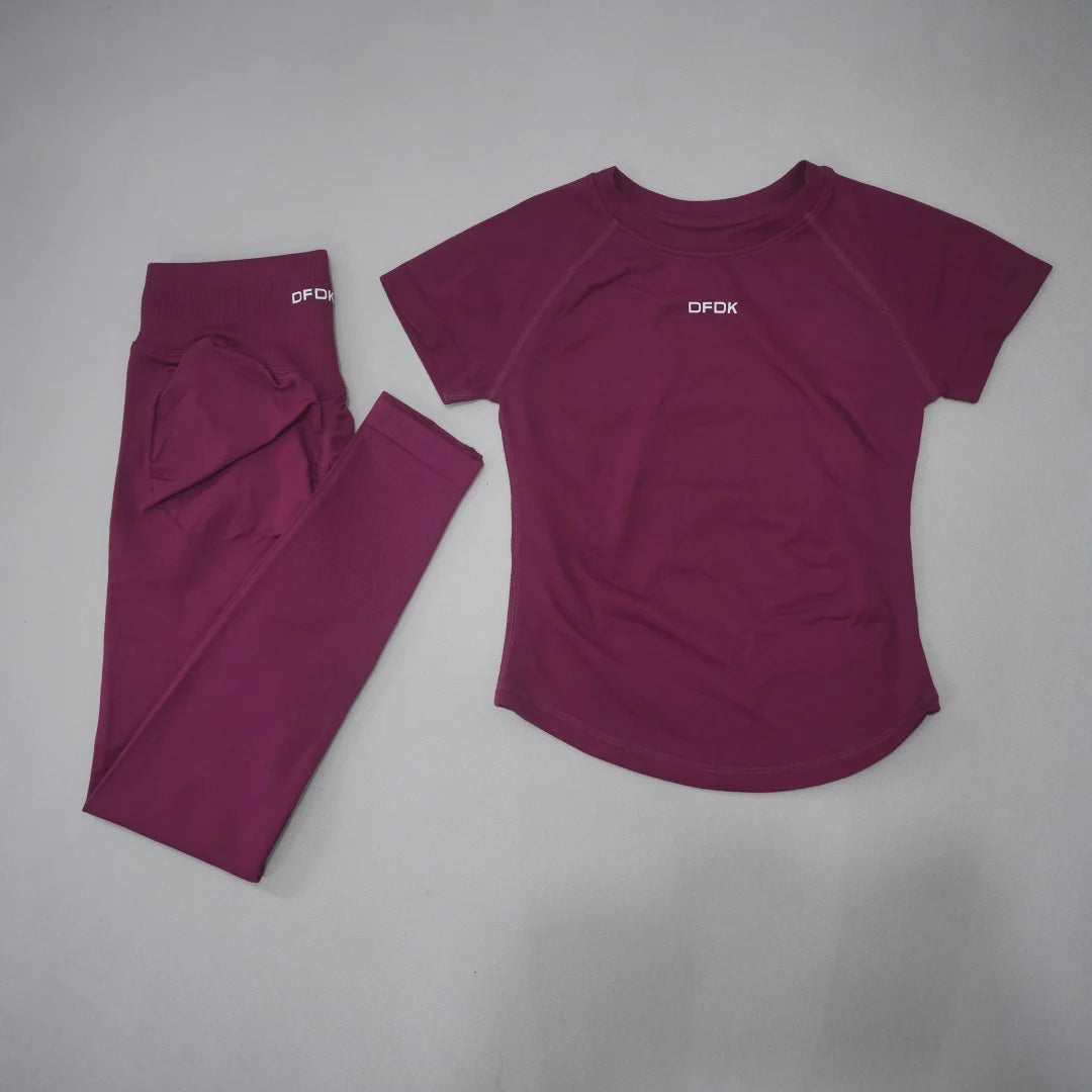 DFDK Ladies Seamless 2Pcs Yoga Set Short Sleeve Slim Top High Waist Leggings Quick Dry Breathable Gym Running Fitness Outfit