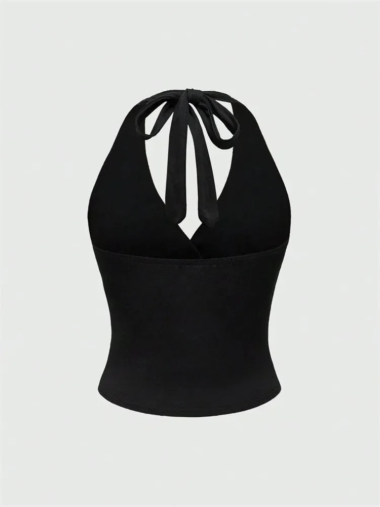 Leopard Printed V-neck Backless Halter Crop Top for Women Summer Sexy Y2K Sleeveless Ruched Top Streetwear