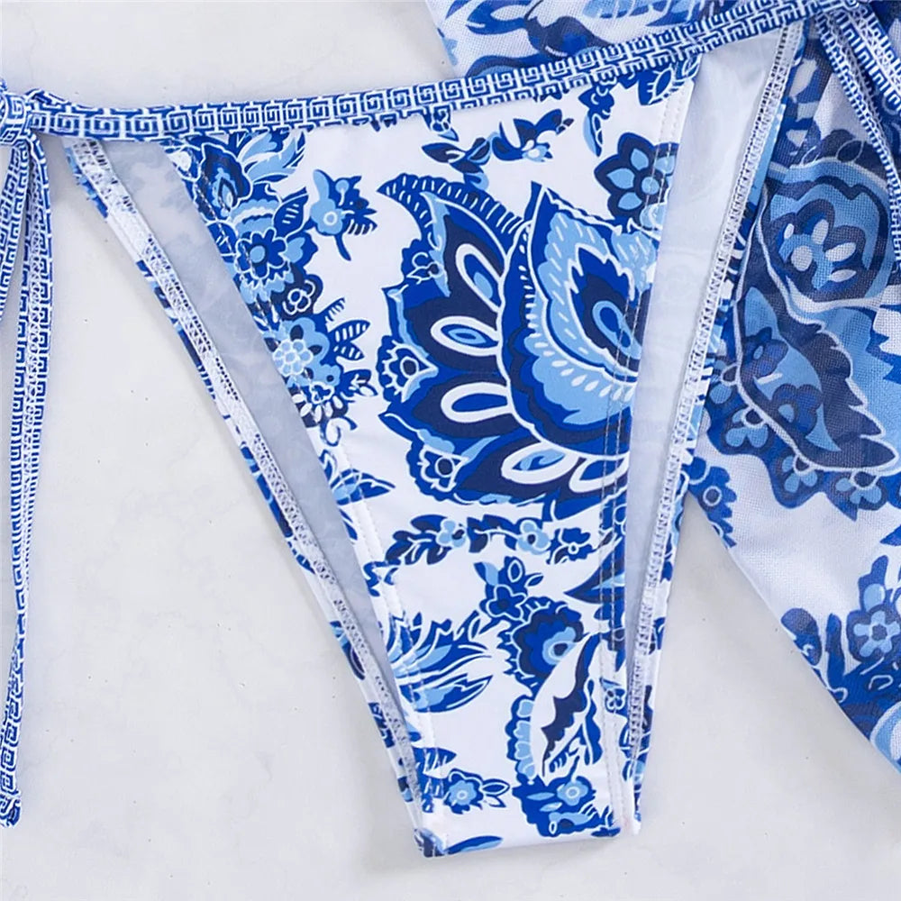 Vintage Blue Floral Print Swimwear Halter String Triangle 3 Piece Bikini Set Cover Ups Sexy Swimsuit Women 2026 Bikinis De Muejr