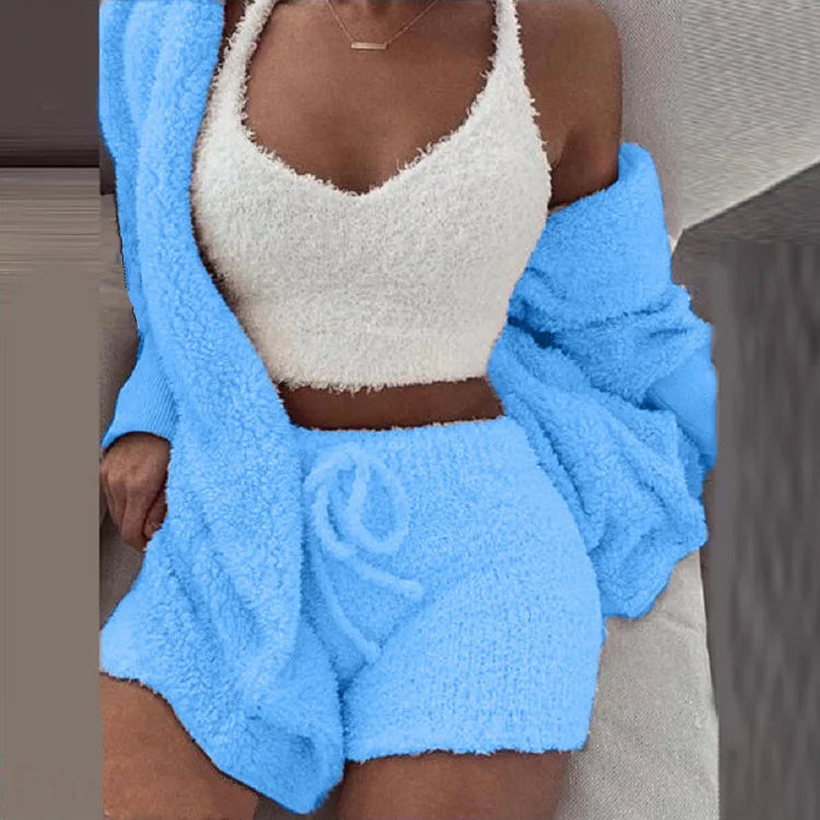 Fluffy Pajamas Set for Women Casual Sleepwear Tank Top and Shorts Plus Size Hoodie Leisure Homsuit Winter Teddy 3 Pieces Pijamas