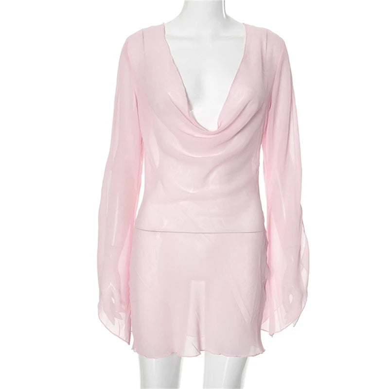 Women Babydoll Lingerie Nightgown Sleepwear Sexy Sheer Mesh Cowl Neck Backless Mini Dress Exotic Nightwear See Through Dress