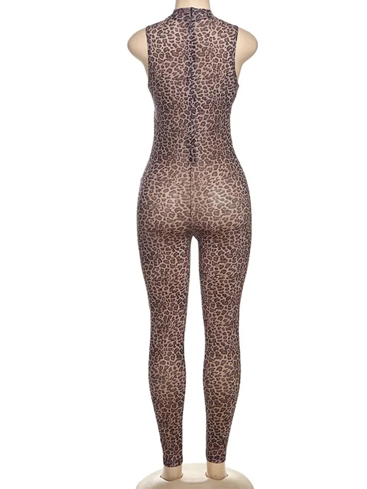 Weird Puss Hollow Jumpsuit Women See Through Sexy Leopard Print Sleeveless Hipster Fit Street Midnight Party Workout Overalls