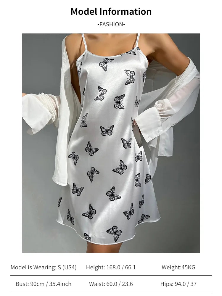 Women Sleepwear Satin Nightgown Mini Slip Chemise Short Nightwear Butterfly Print Spaghetti Strap Cami Nightdress