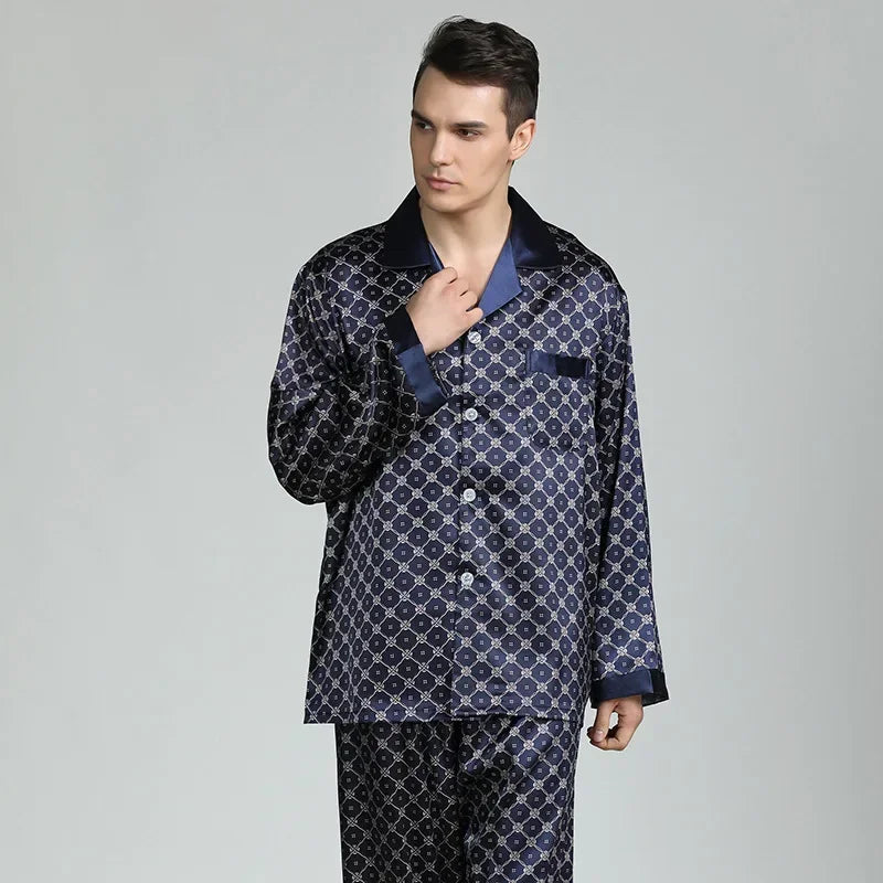 Silk Satin Pajamas for Men Sleepwear Cozy Soft Print Long Sleeve Nightgown Tops + Trousers Two Pieces Mens Pajama Set