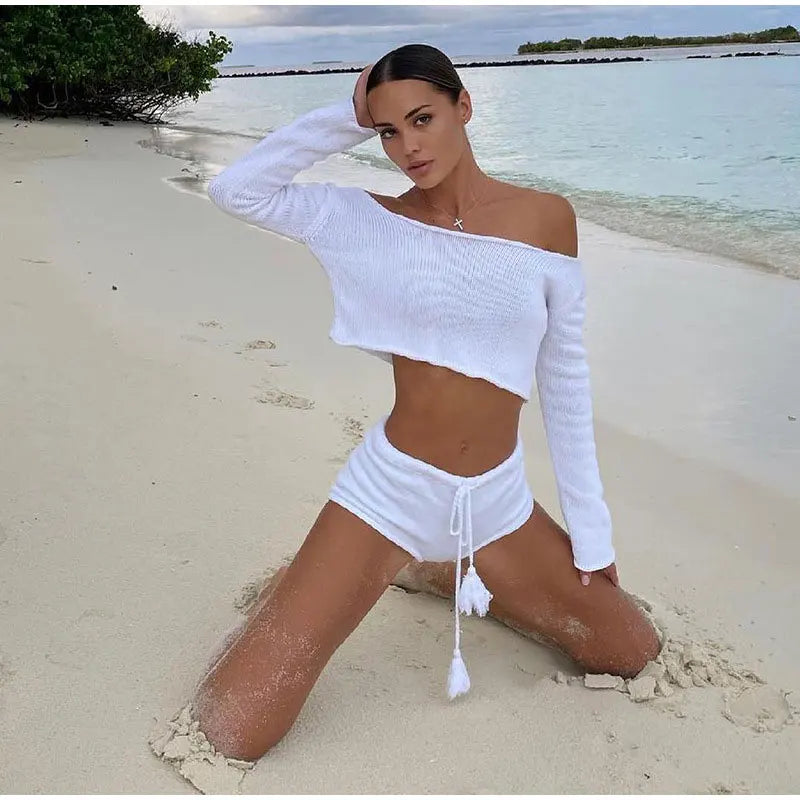 Casual Long Sleeve Top Lace Up Shorts Knit Stripe Crop Top Shorts Sets 2022 Autumn Winter Beach Lady Suit Women Female Suits