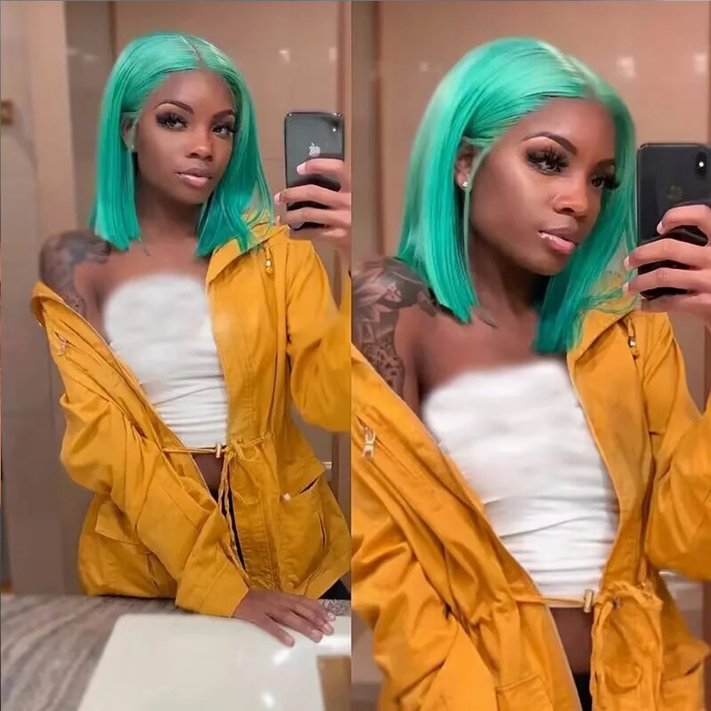 Mint Green Colored Short Bob Straight 13x4 Lace Frontal Wigs Human Hair Wigs Brazilian Remy 100% Human Hair Wig For Women