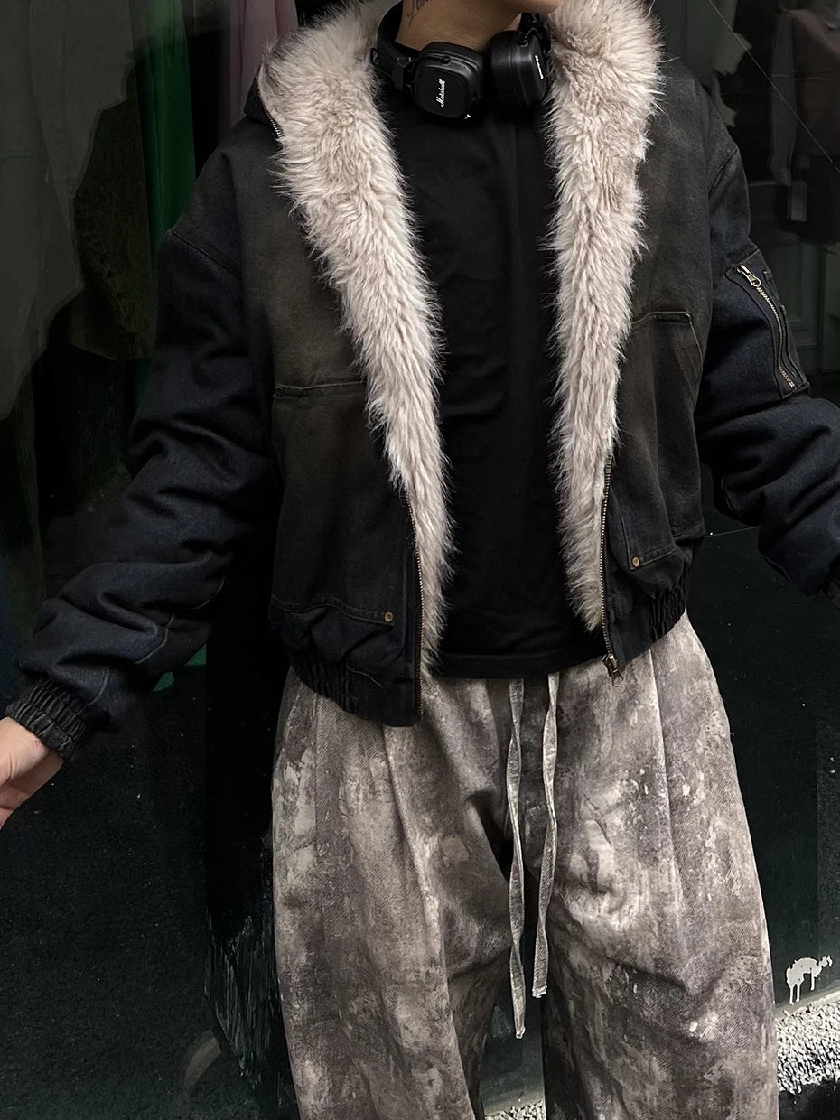 Vintage Denim Parkas Fur Warm Padded Jackets Men Streetwear Harajuku Oversized Bubble Coat Outwear