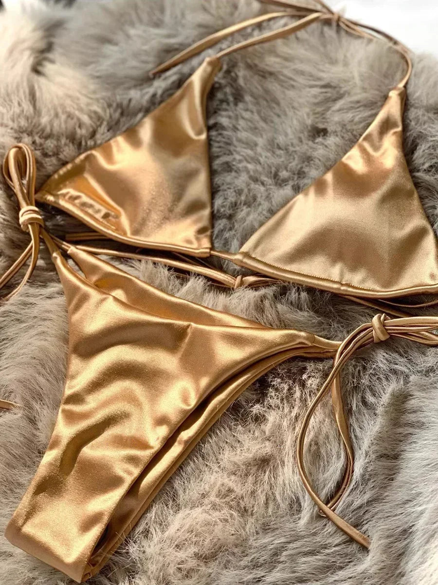Halter Brazilian Metallic Satin Bikini  Swimwear, Swimsuit Two-pieces Bikini Set High Cut Bathing Suit Swim Beachwear