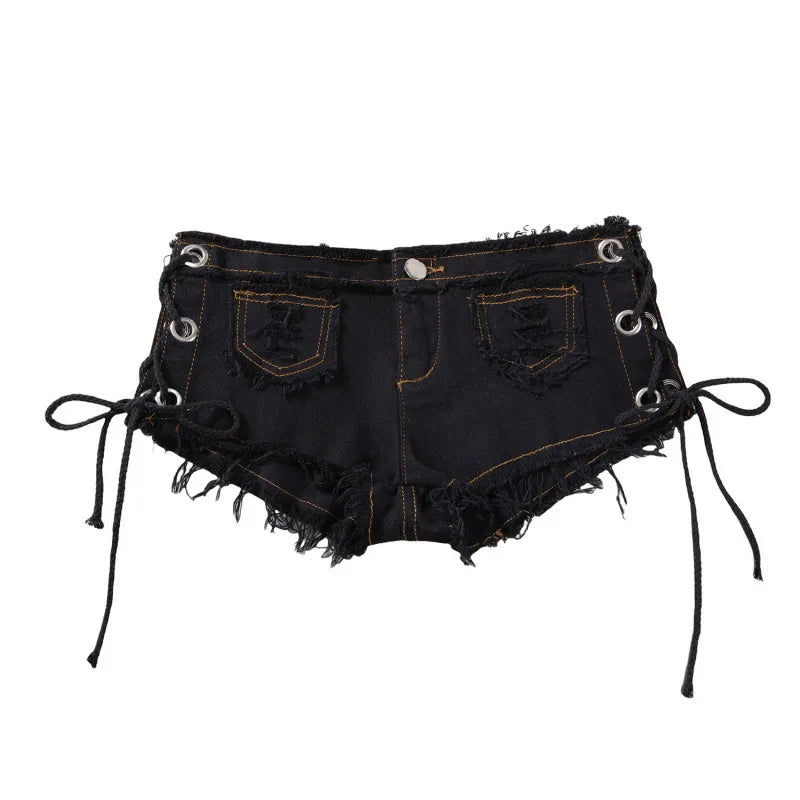 Women's Y2K Low Rise Denim Micro Shorts Lace-Up Side Frayed Booty Shorts for Rave Party Nightclub