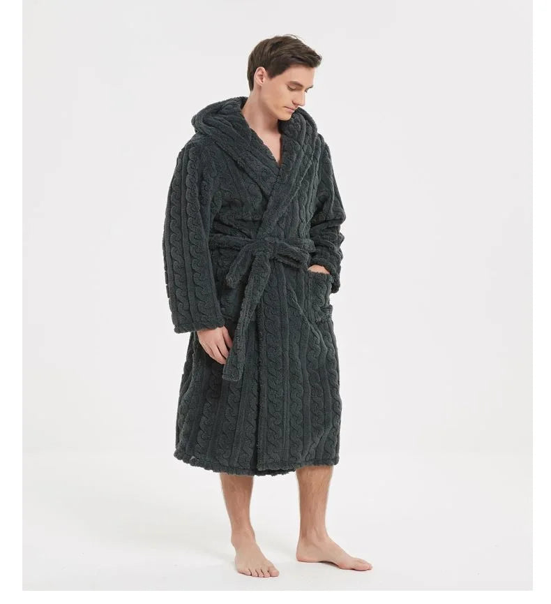 Warm Sleepwear Thicken Jacquard Flannel Men Robe Plush Coral Fleece Hooded Bathrobe Gown Winter Lounge Wear Home Wear Nightwear
