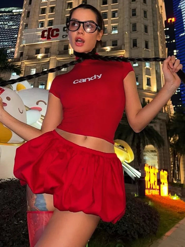 Weird Puss Casual 2 Piece Set Women Letter Print Shorts Sleeve Crop Tops+Puffy Skirt Simple Basic Matching Streetwear Outfits