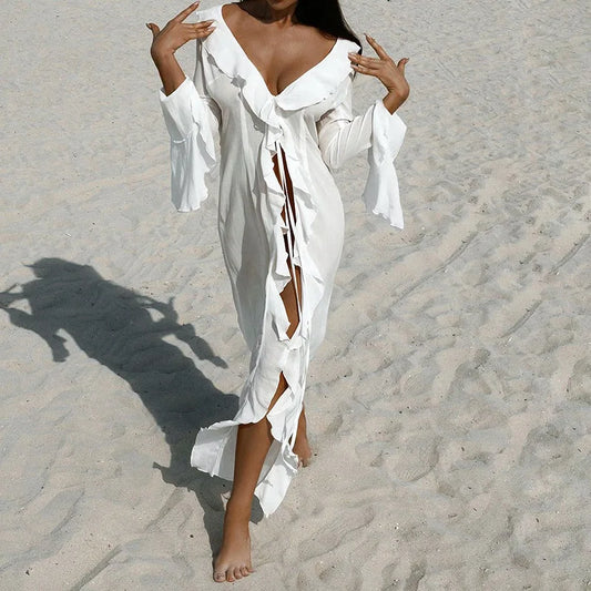 Long Sleeve Sunscreen Beachwear Womens Clothing Sexy V Neck Ruffled Black White New Chiffon Tunic Beach Cover Up Cover-ups Dress