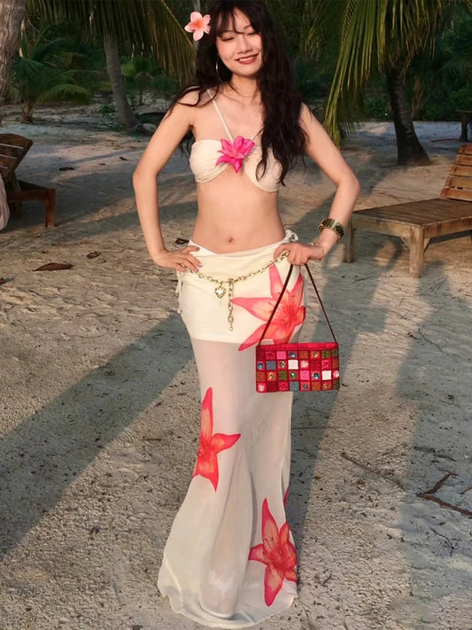 Weird Puss Beach Party 2-Piece Set Women Y2K Halter 3d Flowers Bra+Flower Print Mesh Lace-Up Skirts Matching Summer Trend Suit