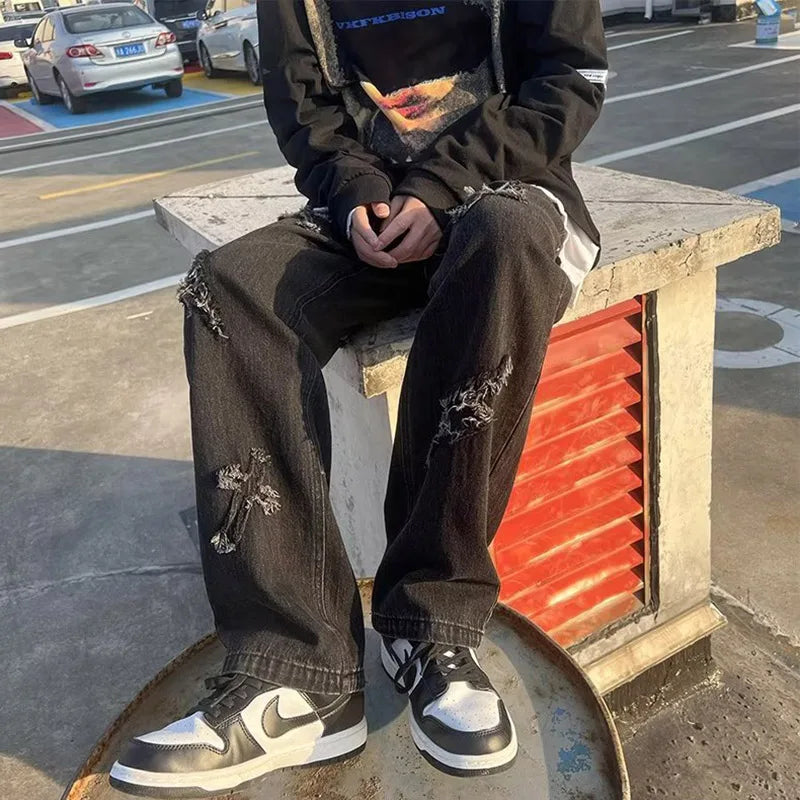 Straight Leg Denim Jeans Male New Fashion Casual Loose High Street Y2k Pants New Wide Leg Hip Hop Black Blue Pants