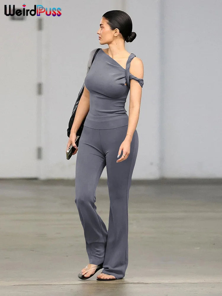 Weird Puss Elegant Women 2 Piece Set Stretch Irregular Knot Short Sleeve Tank Tops+Flare Pants Matching Stretch Slim Streetwear