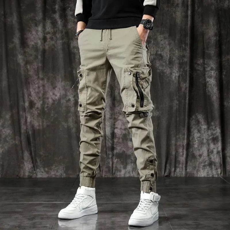 Trendy Men's Spring Autumn Cargo Pants Slim Fit Casual Style Loose Fit American Style Multiple Pocket Small Foot Pants Black