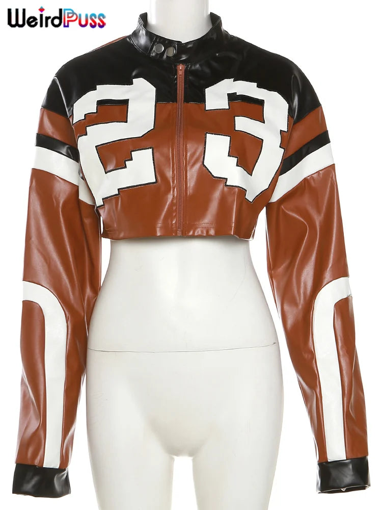 Weird Puss Faux Leather Varsity Jacket Women Hipster Letter Print Autumn Casual Sporty Wild Streetwear Uniform Trend Crop Coat