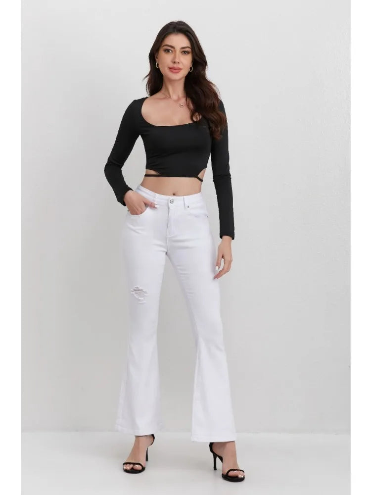 Ladies White jeans, Trousers High waisted  Distressed Flare Leg Fashionable Jeans Street style Outfit