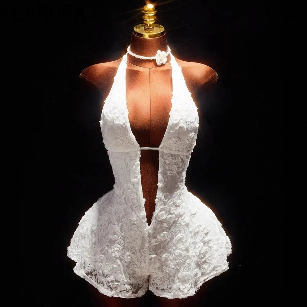 FLARORA Elegant Floral Patchwork Bodysuits Woman Sexy Halter Sleeveless Backless Lace Up Playsuits Chic Party Clubwear Rompers