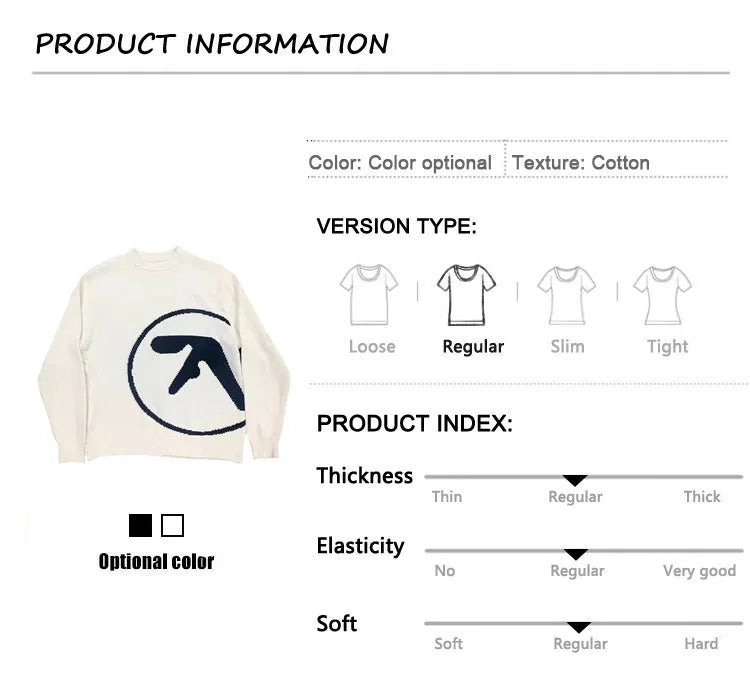 Men's Sweater Y2K Aphex Twin Knit Oversized Pullovers Gothic Jumper Winter Graphic Streetwear Long Sleeve Tops Vintage Clothing