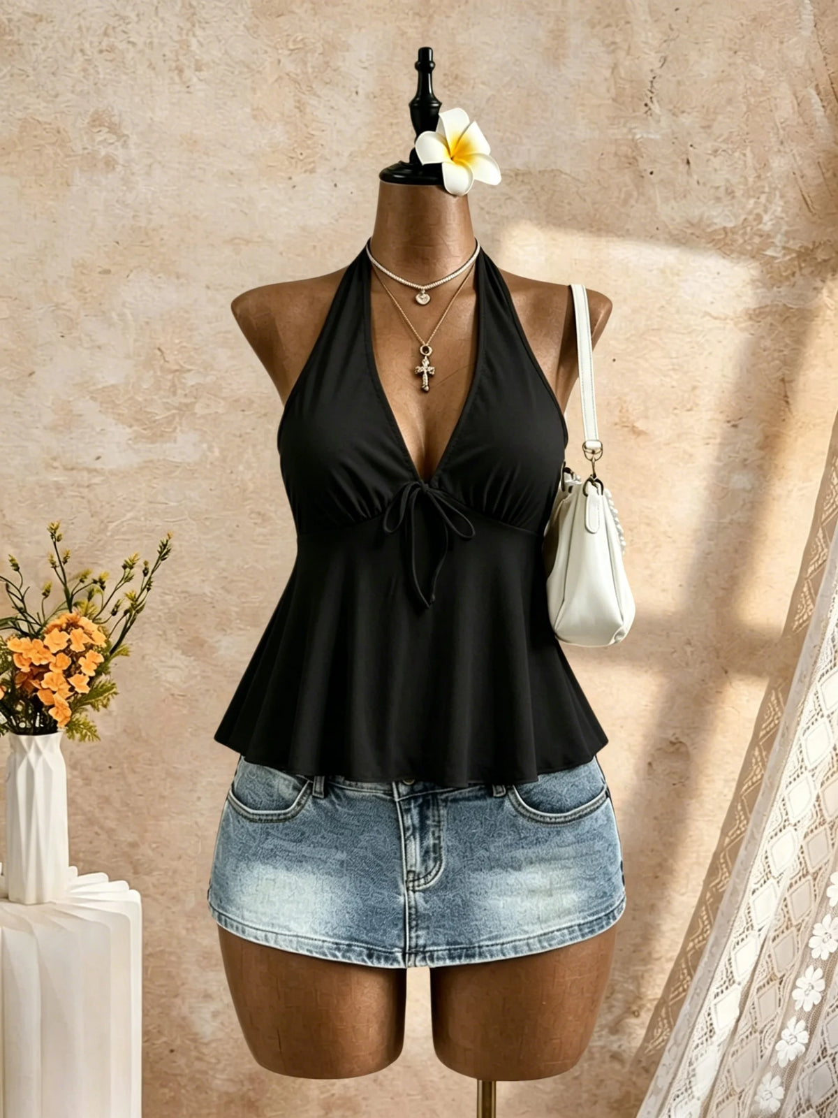 Women Halter Deep V Neck Front Tie Peplum Camisole 2026 Summer Y2K Going Out Casual Streetwear Tank Tops