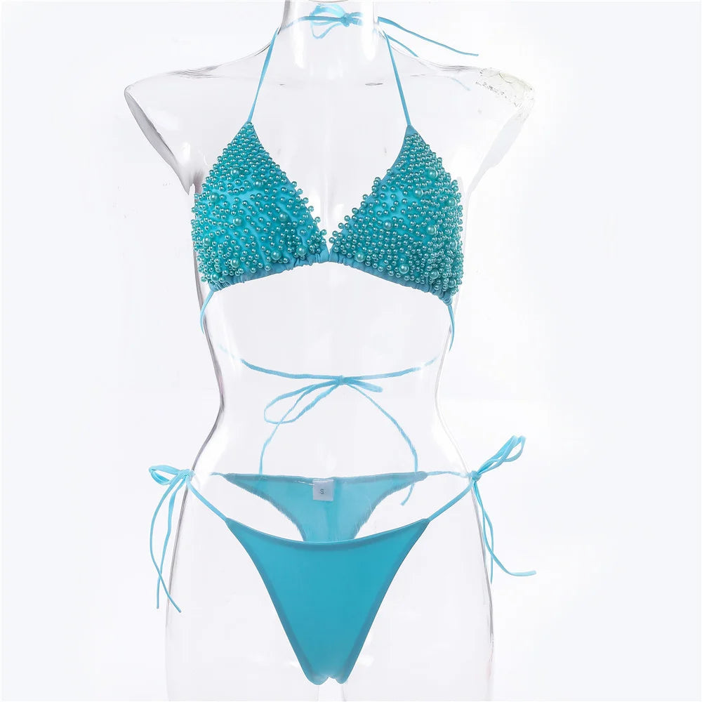 Pearl Bikini String Thong Swimsuit Kawaii Y2K Swimwear Trend Women Two Piece Bathing Suit Beachwear Bikinis Set Vacation Outfits