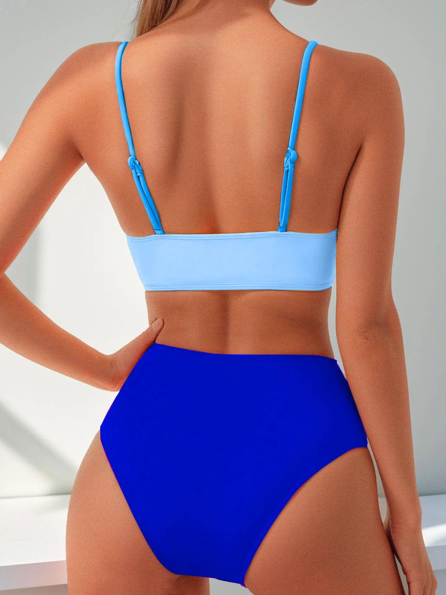 Rose Red Patchwork 2 Piece Swimsuit for Women,high Waist V-neck Suspender Backless Bikini Set,summer Beach Vacation Swimwear New