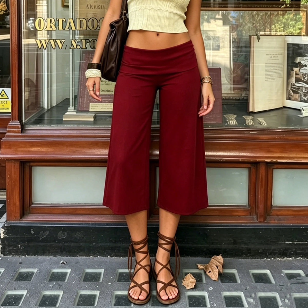 Capri Pants for Women Low Rise Fold Over Capri Yoga Pant Soft Comfy Flowy Wide Leg Capris Culottes Bottoms