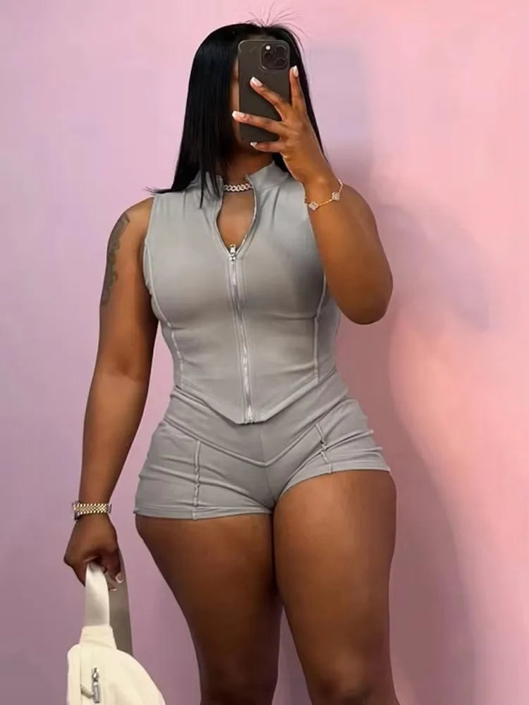 Weird Puss Lines Patchwork 2 Piece Set Women Zipper Cardigan Irregular Crop Top+Skinny Peach Hip Shorts Simple Sporty Streetweas