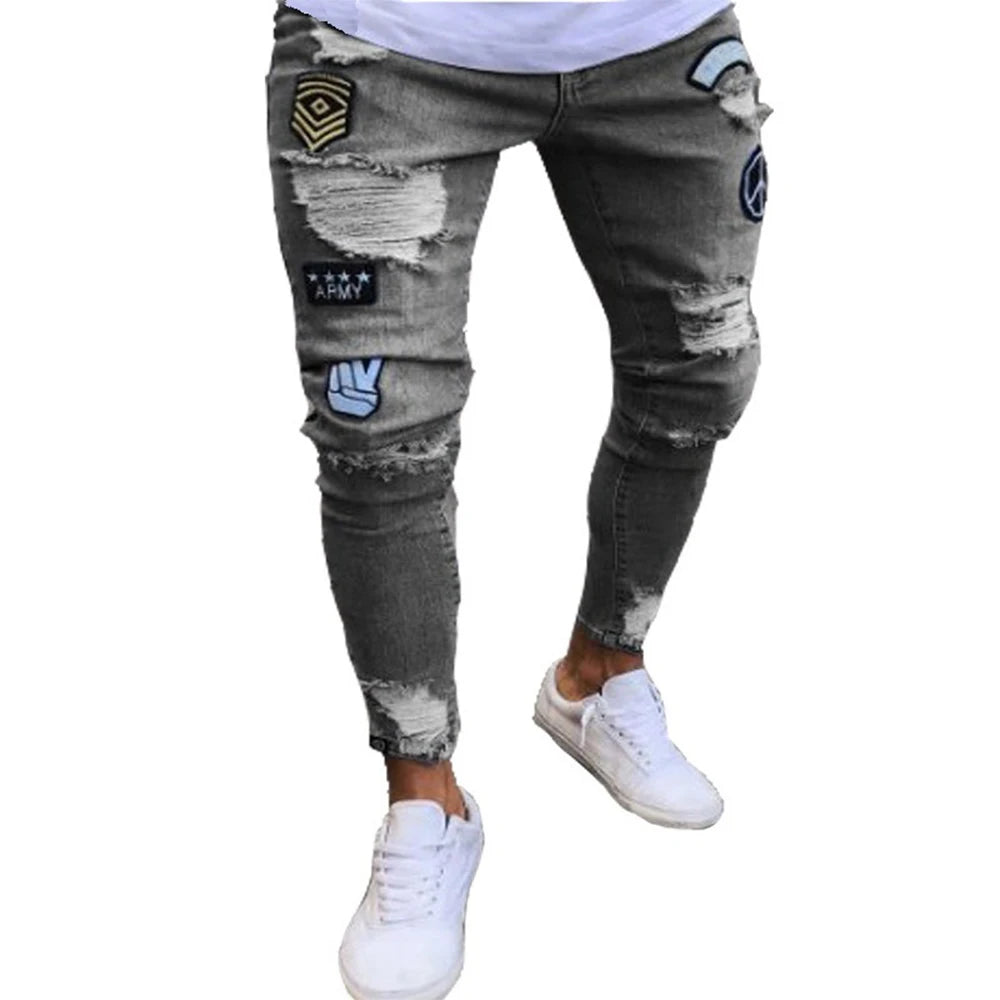 White Embroidery Skinny Ripped denim Men Cotton Stretchy Hole Slim Fit Hip Hop Denim Pants Casual Jeans for Men Jogging Trousers