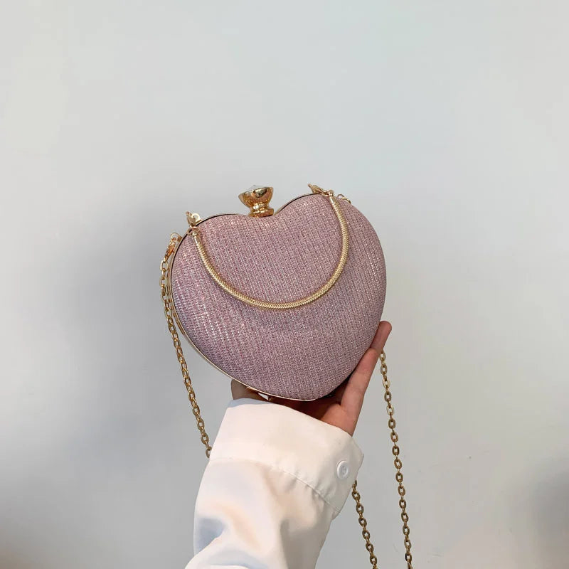 Evening Clutch Bag For Women Shiny Heart Shape Metal Clutch Chain Shoulder Purse