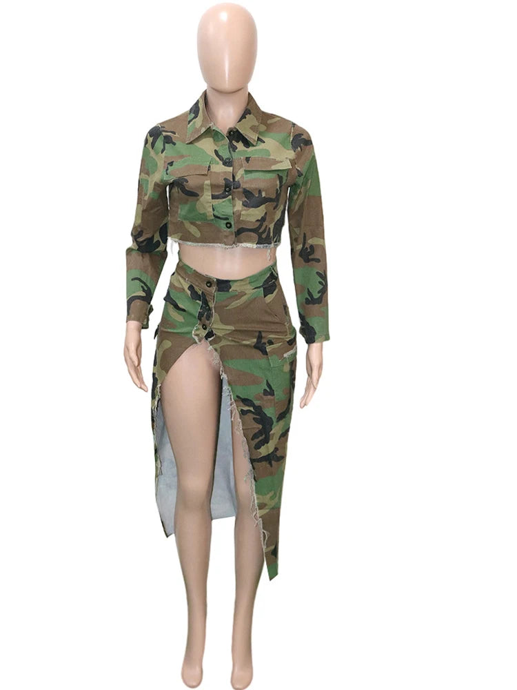 Kricesseen Fashion, 2 piece Button-Up Camouflage Green Jacket Top And High Slit Skirt Set 2 Piece Outfit Night Clubwear Overalls