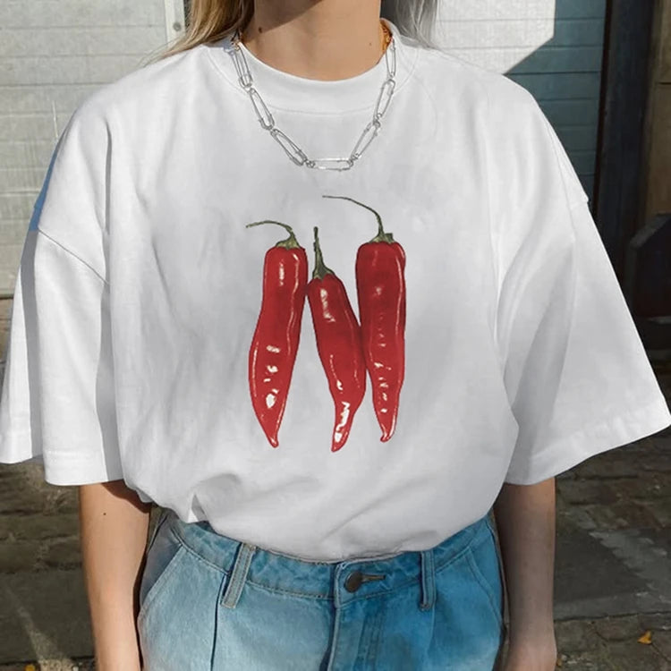 STYLISH LADY Chili Printed T Shirts 2025 Summer Women Short Sleeve O Neck Casual Loose White Streetwear Tops Tees