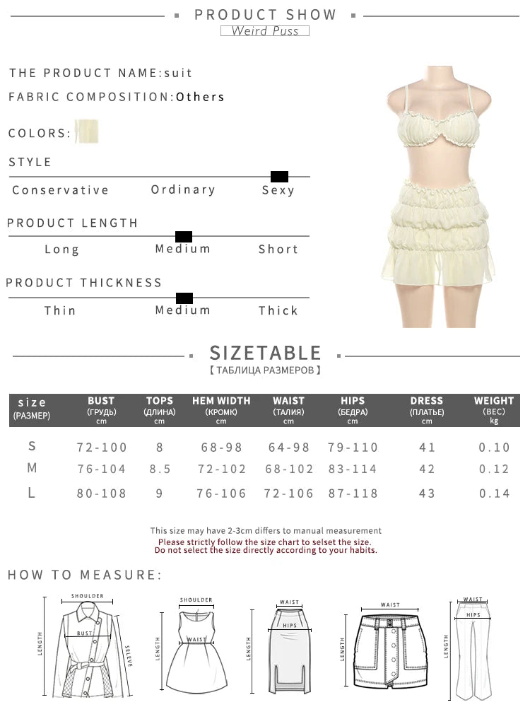 Weird Puss Ruffles 2 Piece Set Women Summer Vacation Beach Style Thin Camisole+Ruched Sexy Peach Hip Skirts Matching Clubwear