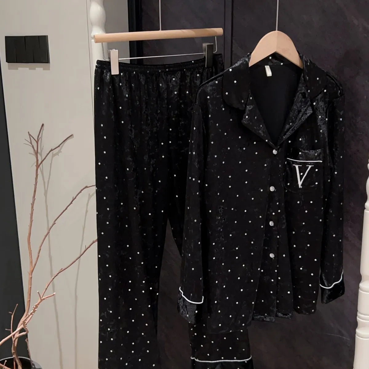 Velvet Dot Print 2Pcs Top&pants Lady Warm Home Clothes Autumn Winter New Pajamas Sexy Trousers Suit Loose Sleepwear Women Pjs