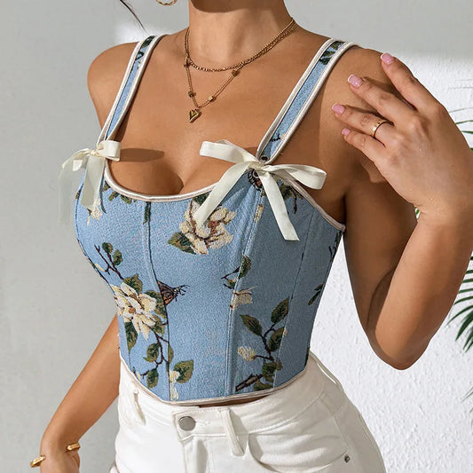 Sexy Strap Bra Tops French Style Floral Printing Retro Vest Style Double Strap Sling Chest Support Body Shapewear Vintage Corset
